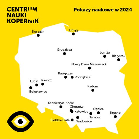 Mapa Polski z zaznaczonymi miejscami, gdzie odbyły się pokazy naukowe