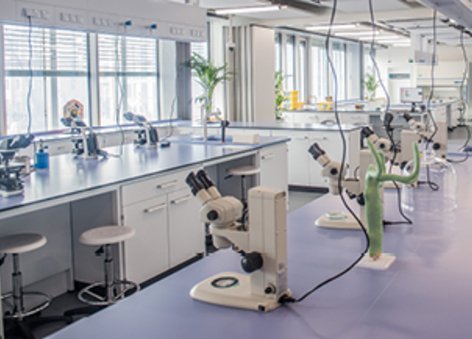 Na zdjęciu widać duże pomieszczenie z wielkimi stołami oraz sprzętem badawczym.