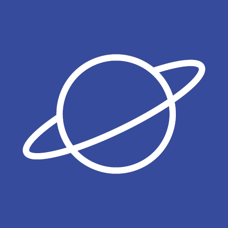 Na niebieskim tle biała ikona planety z pierścieniem