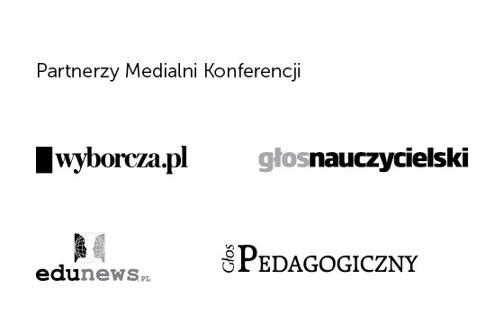 Biała plansza z logotypami partnerów medialnych konferencji PP 2022: Wyborcza.pl Warszawa, Głos Nauczycielski, edunews.pl, Głos Pedagogiczny