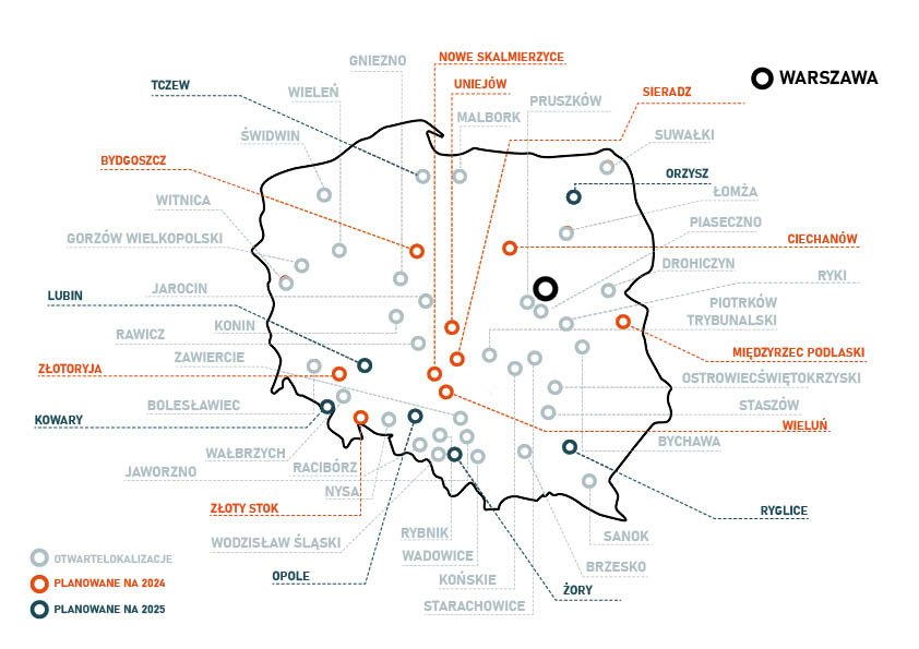 Mapa przyszłych i obecnych placówek SOWA w Polsce
