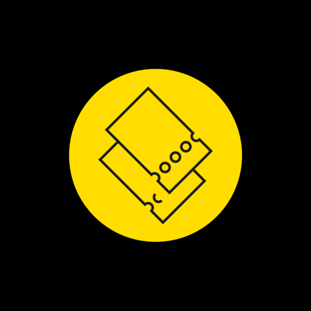 Czarne tło, na nim żółte koło i ikony biletów.