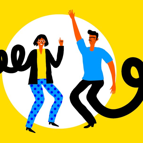 Żółte tło, po prawej stronie widać dwoje rysunkowych ludzi z wydłużonymi rękami i nogami.