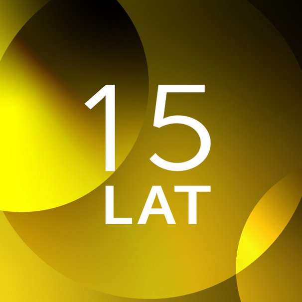 Zółto-czarna abstrakcyjna grafika z białym napisem 15 lat. 