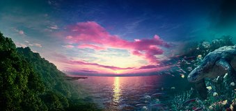 Widok na horyzont na jakiejś planecie, widać wschód gwiazdy podobny do wschodu Słońca na Ziemi