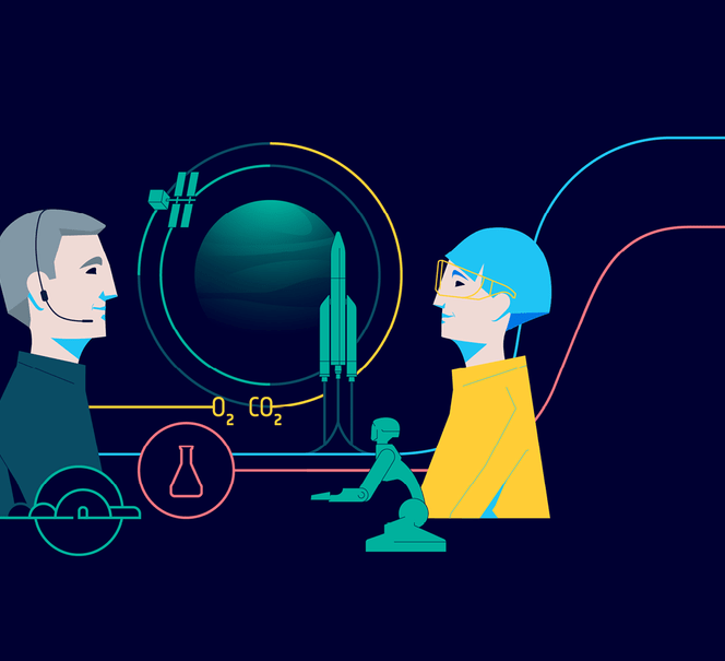 Granatowe tło, na środku dwie ikony ludzi patrzących w swoją stronę.