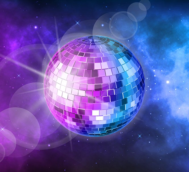 Kula dyskotekowa na tle przypominającym kosmos