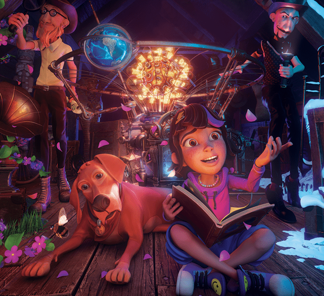 Kadr z filmu, widać psa i dziewczynkę siedzących na podłodze z książką.