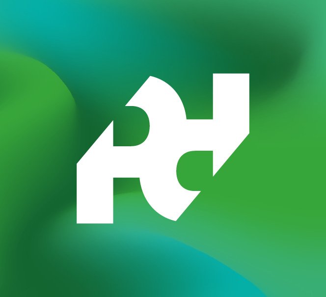 Abstrakcyjna zielono-niebieska grafika z białym logiem konferencji PP. 