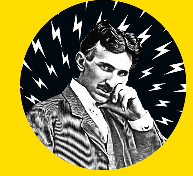 Głowa Nikoli Tesli na tle błyskawic