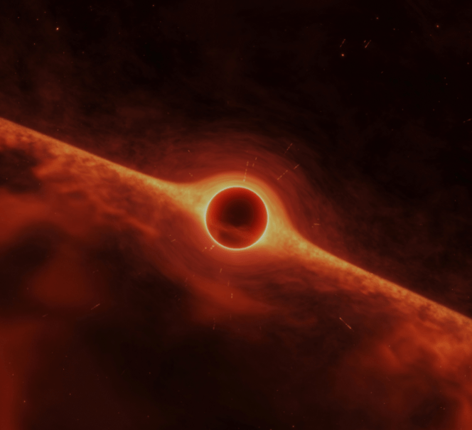 Czarno-czerwona wizja kosmosu: ciemny obiekt otoczony jarzącym się dyskiem pyłowym, przypominający czarną dziurę pochłaniającą materię.