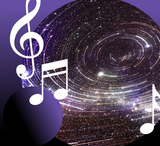  Grafika z motywem kosmosu i muzyki — wirująca galaktyka w tle, na której widnieją białe symbole nut i klucz wiolinowy na fioletowo-czarnym tle.