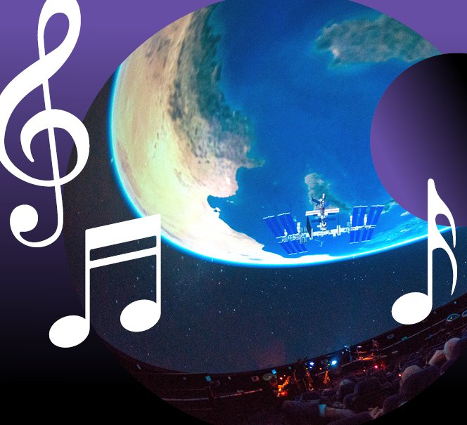 Koncert zespołu Grupa w Składzie: w Planetarium, w tle widać międzynarodową stację kosmiczną i publiczność