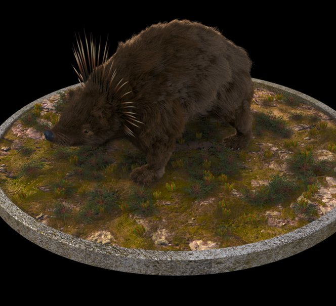 Model trójwymiarowy fantastycznego, włochatego zwierzęcia z kolcami na grzbiecie, stojącego na okrągłej podstawce.